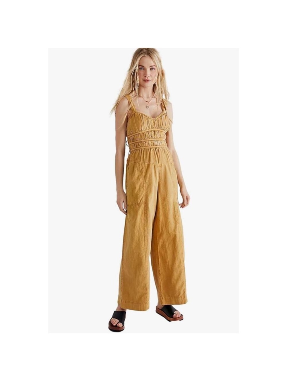 Free People After All Ruched One-Piece Jumpsuit - golden nugget - size XL
